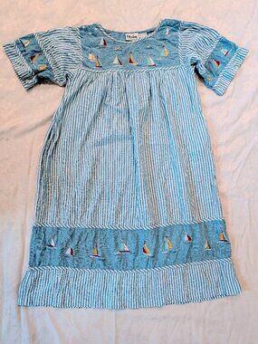 VTG Main Street Denim Striped House Dress Sz L Sailboat Cottagecore Grandmacore